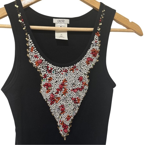 Cache UNIQUE Embellished Tank Top SZ Small Black Chic Beaded Bull Head EUC - Picture 3 of 7